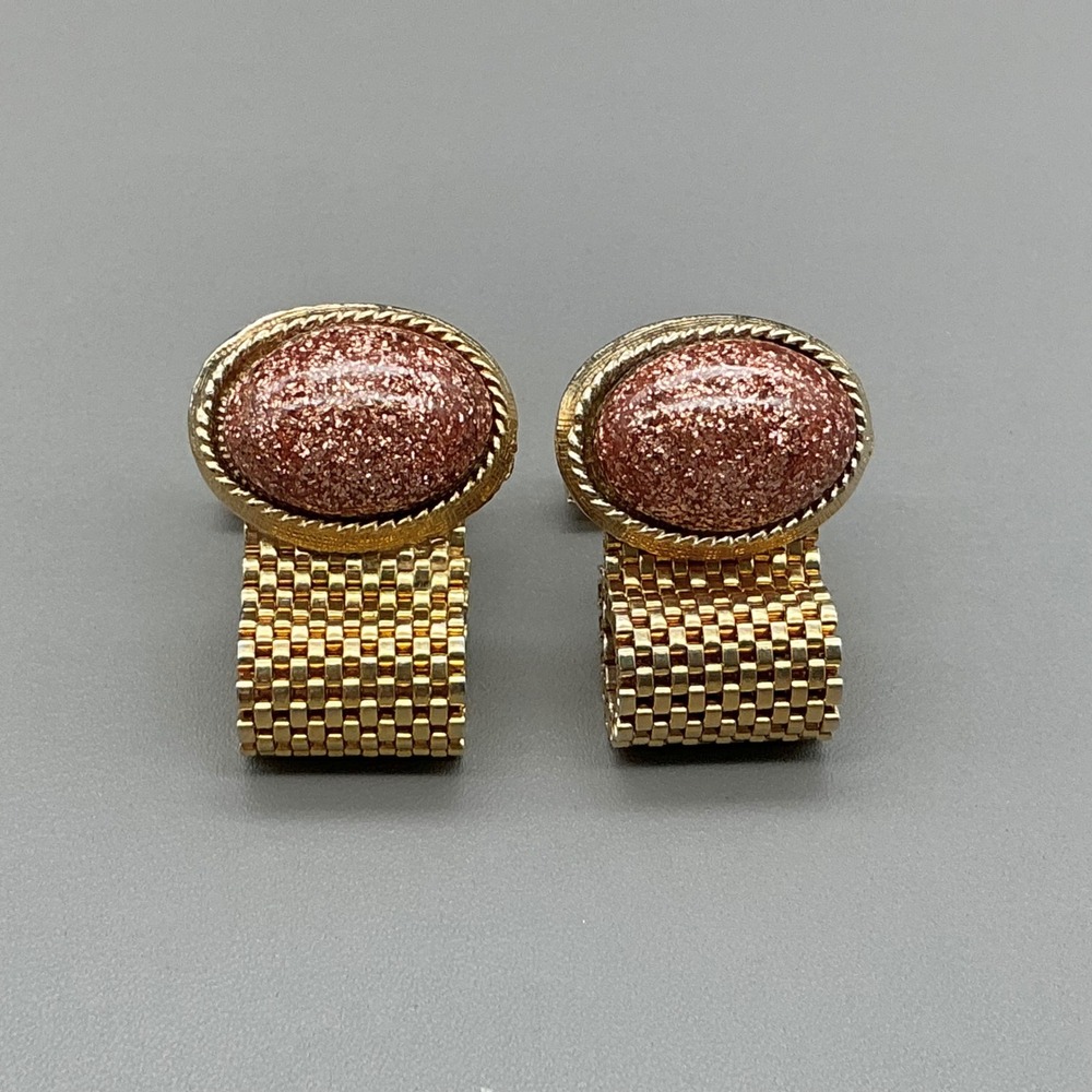 Vintage Gold Tone Mesh Wrap Around Cufflinks Faux Goldstone Cabochon Mid Century